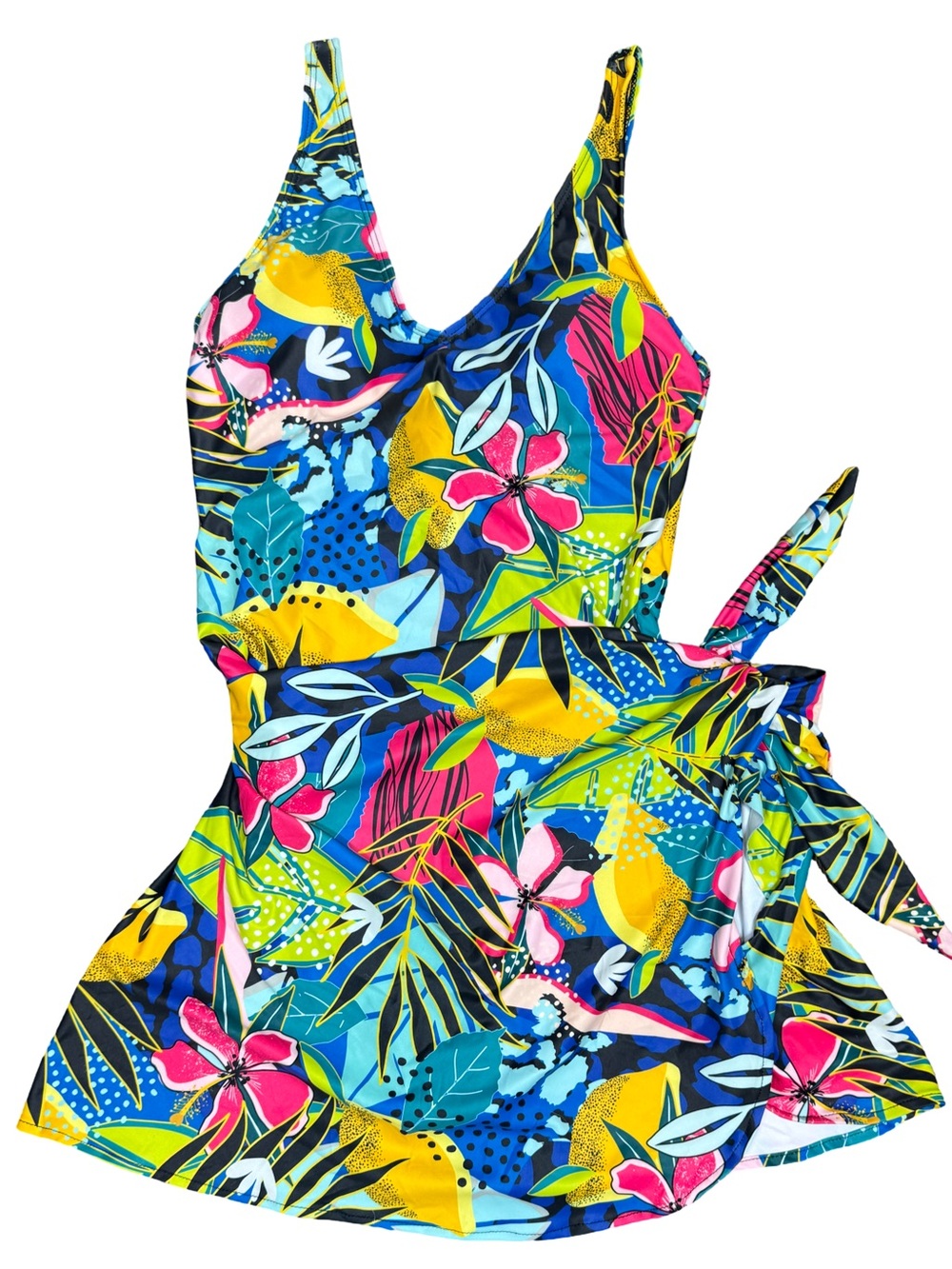 Tropical Floral One-Piece Swim Dress - Blue & Pink